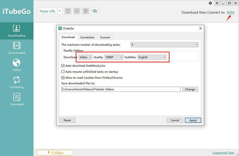 setting mp4 format itubego